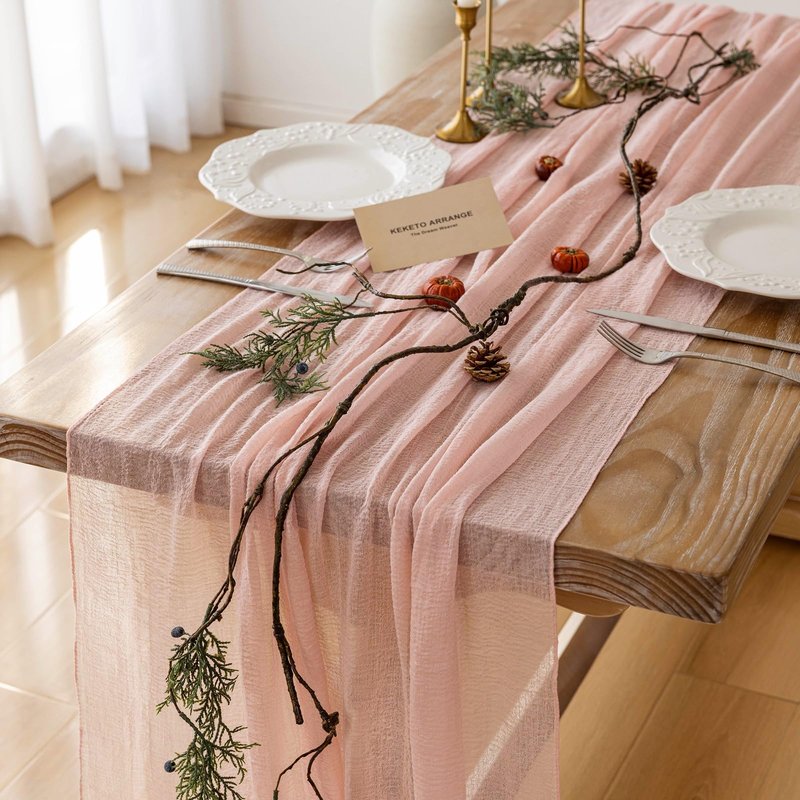 Keketoarrange Pink Mothers Day Cheesecloth Table Runner Spring Boho Rustic Gauze 120 inch 10FT Cheese Cloth Runner for Wedding Baby Shower Bridal Birthday Tea Party Home Decorations