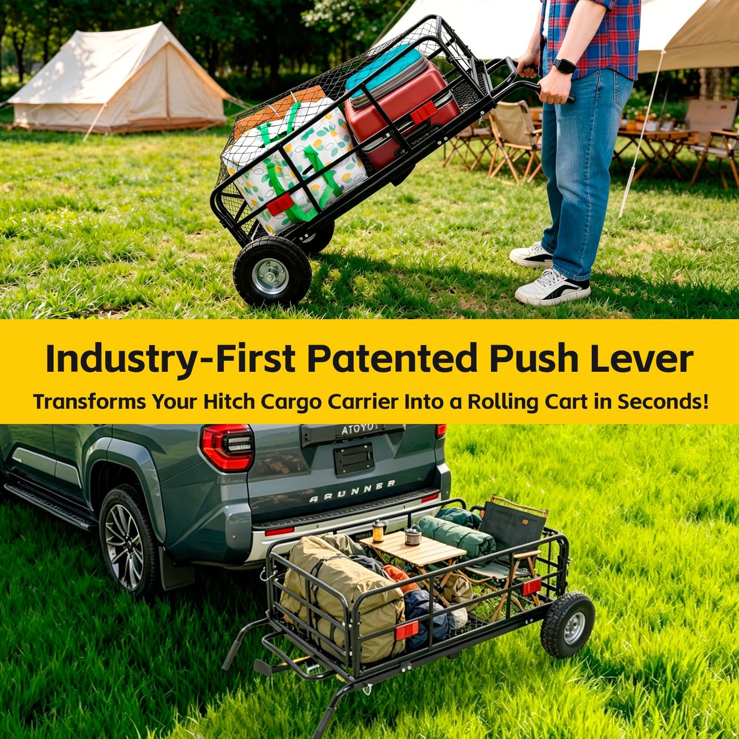 MaxxHaul 50243 Foldable Hitch N Roll Cargo Carrier Cart With Quick Detachable Basket Rack With 10 inch Flat Free Tires for Home Camp Travel Ranch SUV Up to 400 lb. Capacity