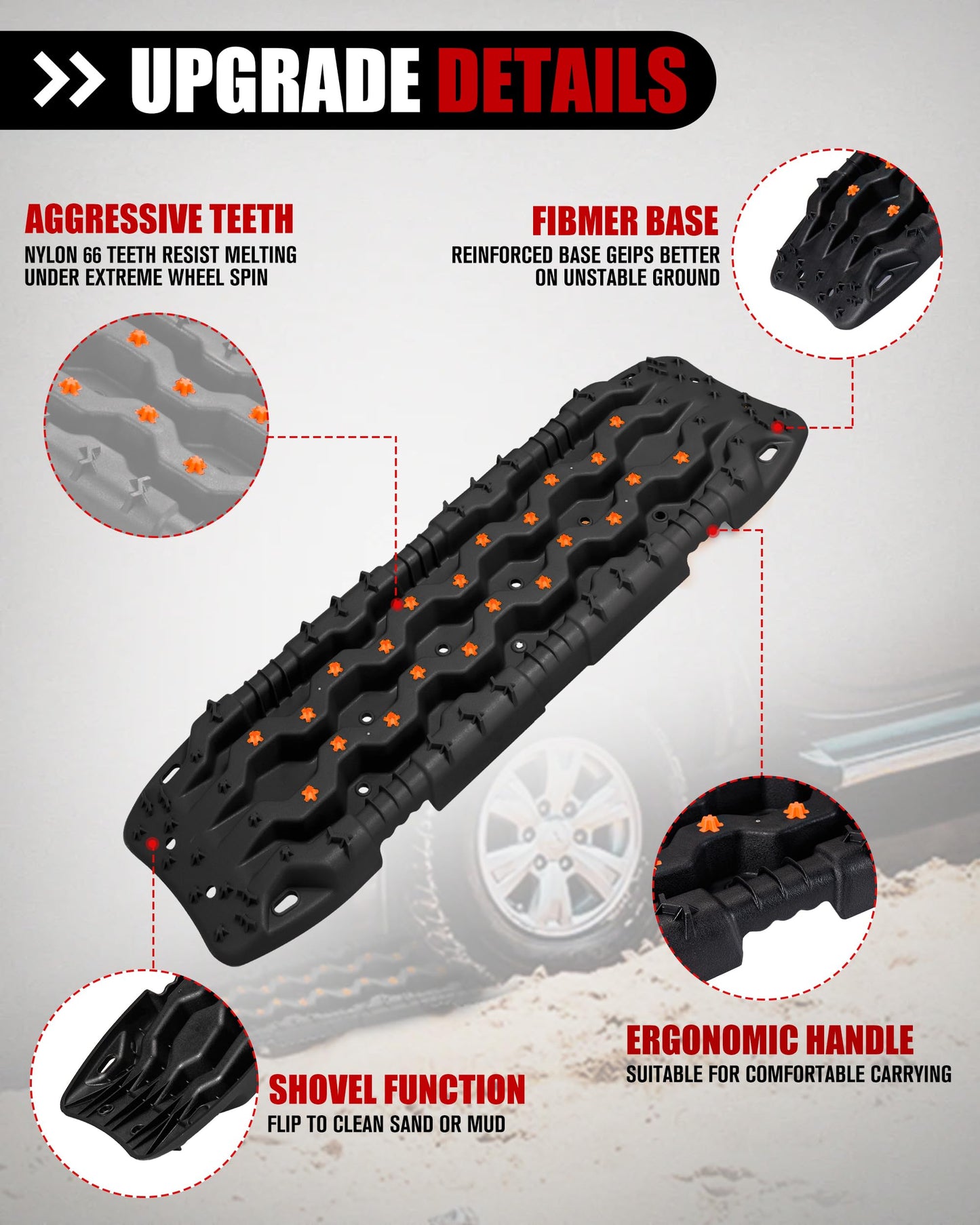FIERYRED Large Off Road Traction Boards, Pair 44.88" L x 12" W Recovery Track Tire Traction Mat for Sand Mud Snow Vehicle Truck Jeep SUV, Traction Tracks, Black with Orange, GEN3
