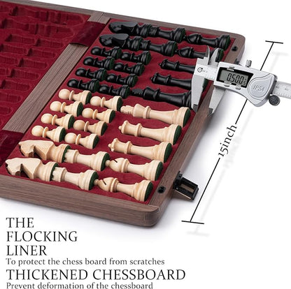 A&ampA Premium Folding Chess Board Game Set 15 Wooden Chess Board &amp 3 King Height Staunton Chess Pieces with 2 Extra Queens Portable Travel Chess Set (Natural Walnut 15 Inches)