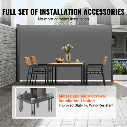 VEVOR Retractable Side Awning, UV 50 71''x118'' Full Aluminum Rust-Proof Outdoor Privacy Screen, 280 g Thicken Folding Room Divider Fence & Wind Screen for Backyard, Balcony, Roof Terraces, Grey