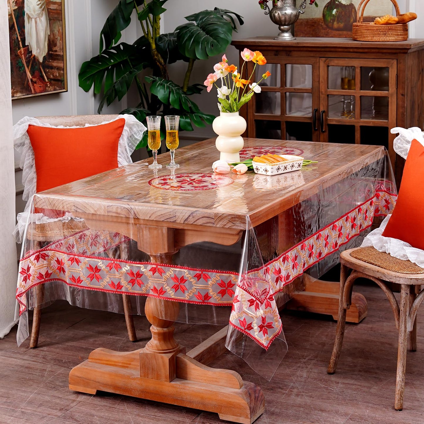 ARTMAGIC Clear Plastic PVC Tablecloth Embroidery Red Lace Rectangle Transparent Table Protector 100% Oil Proof Waterproof for Home Holiday Party Dining Room (Red, 60"x120")