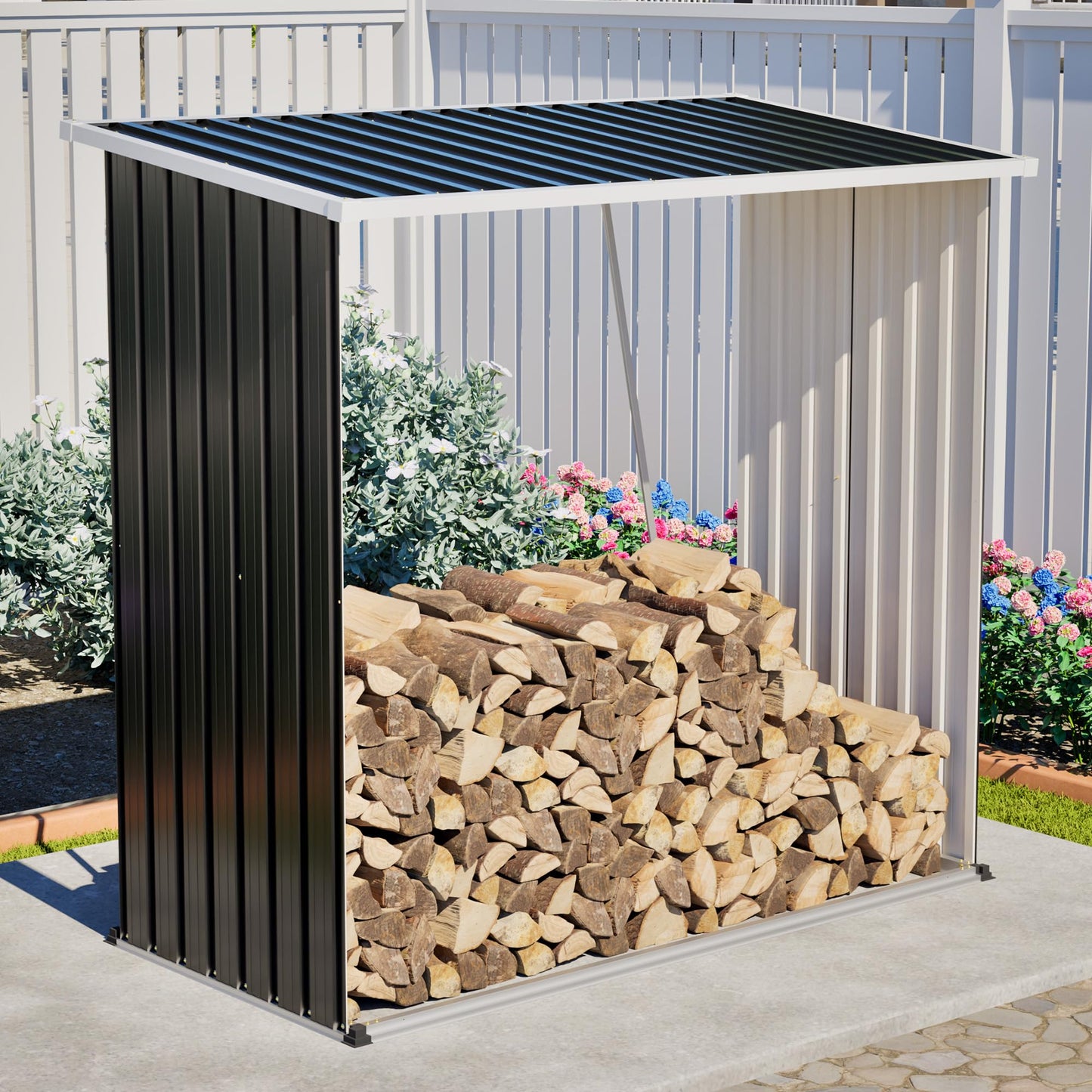 KEIKI Firewood Storage Rack with Sloped Roof, 62 Cu.Ft Weather-Resistant Patio Organizer, Outdoor Metal Storage Shed for Lawn Mower, Garden Tools, Backyard, Camping Gear