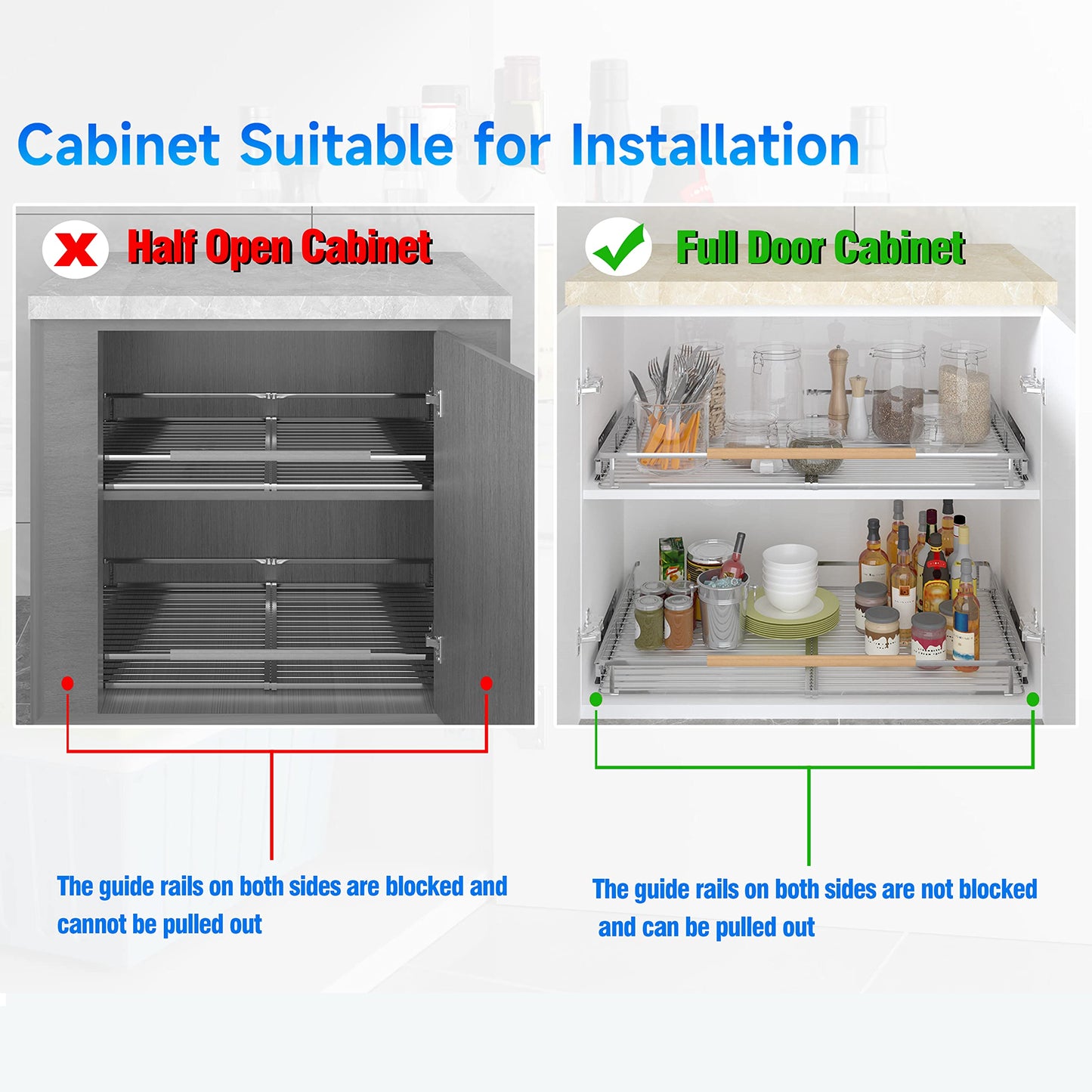 2Pack Expandable Pull Out Cabinet Organizer, 23~39.8"W x 22.5"D Heavy Duty Slide Out Shelves Adjustable Height Cabinet Pull Out Shelves,Expandable Width Spice Rack Organizer for Kitchen Cabinet