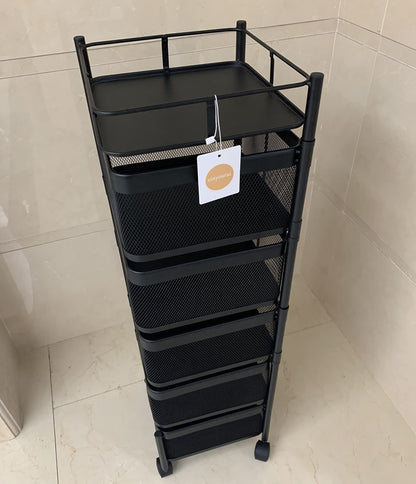 xinyourui Fruit and Vegetable Basket for Kitchen No Assembly， Rotating Storage Rack,Bathroom Storage Shelf, Kitchen Organizers and Storage Cart on Rolling Wheels(Black, 5 Tier-Square)