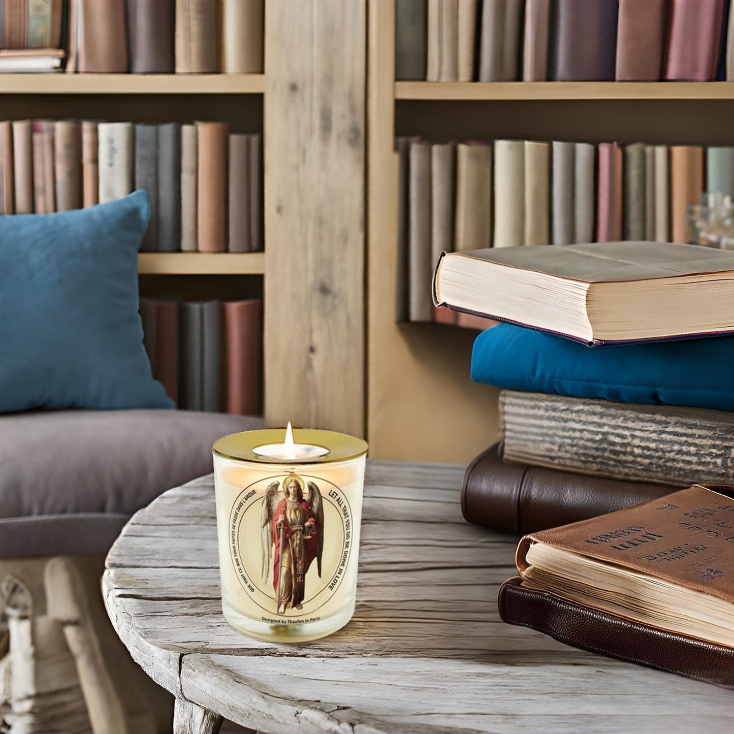 Tkaufen Saint Archangel Michael Candle 50 Hours with Warmer Ring│Hand-Poured Soy Wax│Protection from Terror, Evil Banishing, Spiritual Warrior, Energetic Cleansing, Defender│Design in Paris│3“×3.6”
