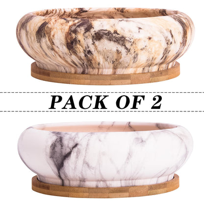 ARTKETTY Succulent Pots - 7.3 Inch Pack of 4, Shallow Bonsai Pots with Drainage, Tray & Bamboo Saucers, Ceramic Indoor Plant Pots for Succulent, Cactus, Flower, Herb