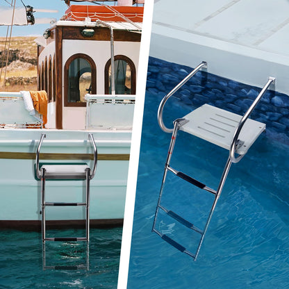 3-Step Boat Ladder with Swim Platform,Stainless Steel Dock Ladder with ABS Swim Platform 2 Handrails,500LBS Telescopic Boarding Ladder Dive Ladder for Pontoon Yacht