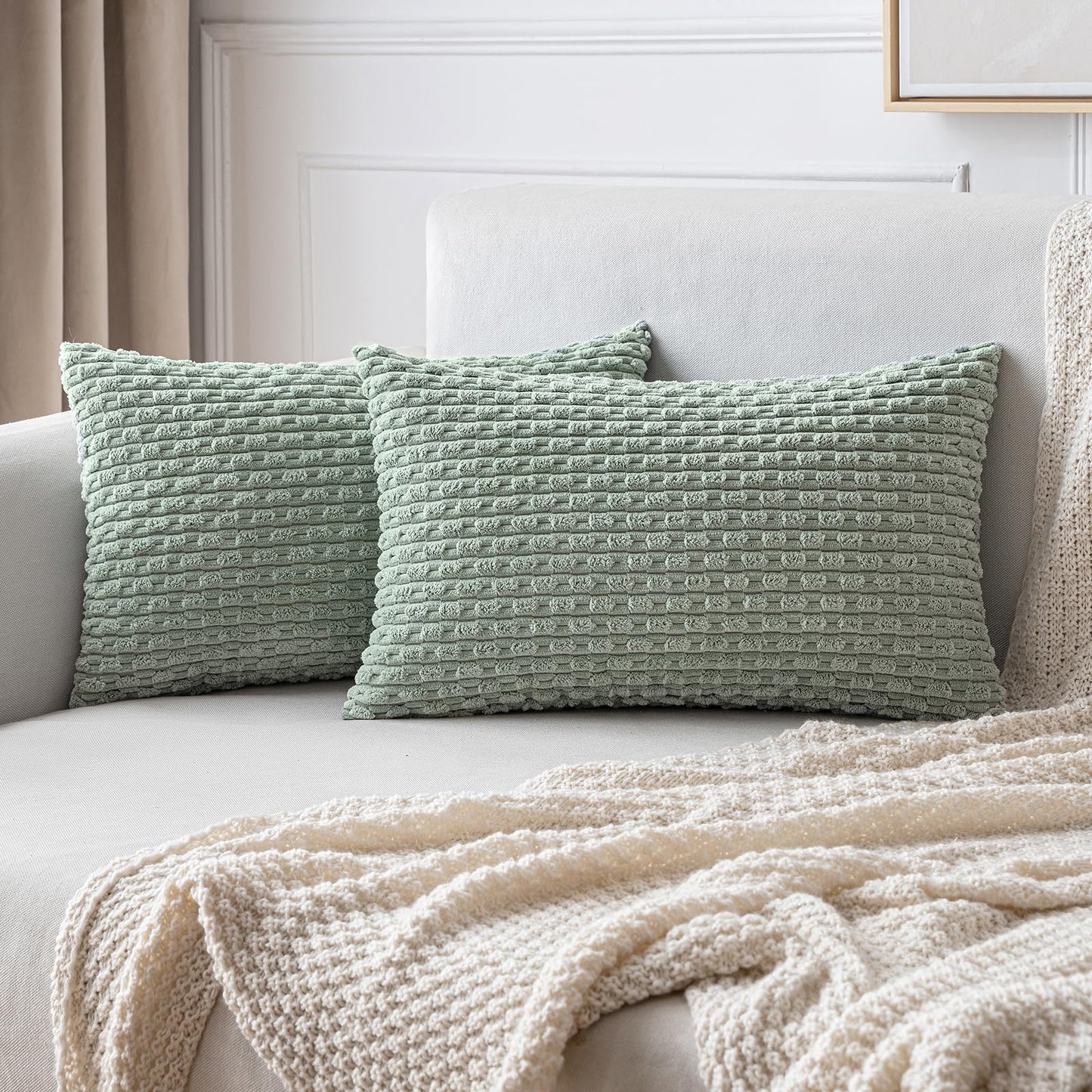 MIULEE Pack of 2 Decorative Throw Pillow Covers 18x18 Inch Soft Boho Striped Textured Corduroy Pillow Covers Modern Farmhouse Home Decor for Couch Bed Sofa Living Room Cream White