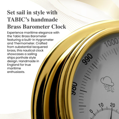 Tabic Handcrafted Brass Barometer with Built-in Hygrometer, Thermometer and Nautical Clock - Sailing Ship Yacht, Marine Coastal Decor - Lacquered Brass (1/2 kg) - Temperature and Humidity Reading