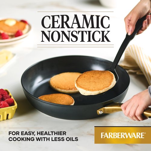 Farberware Forged Induction Ceramic Cookware Nonstick Frying Pan/Skillet, Dishwasher Safe, Suitable for All Stovetops, 12.25 Inch Fry Pan - Black and Gold