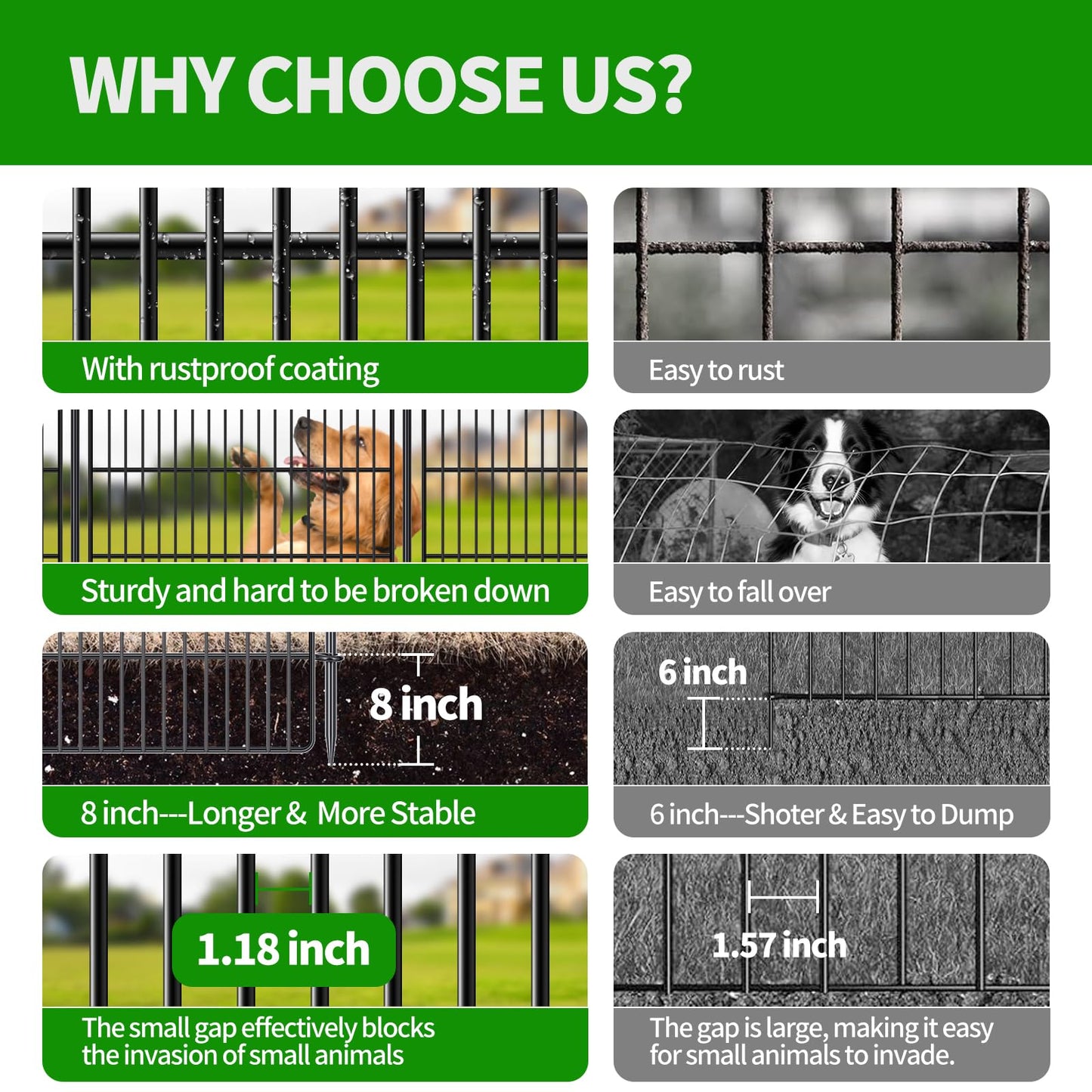 15 Panels No Dig Decorative Garden Fence - 48 in (H) x 21 ft (L), Tall Garden Fences - Dog Fence Outdoor for Yard, Rustproof Metal Animal Barrier Ground Stakes Fencing for Garden, Patio