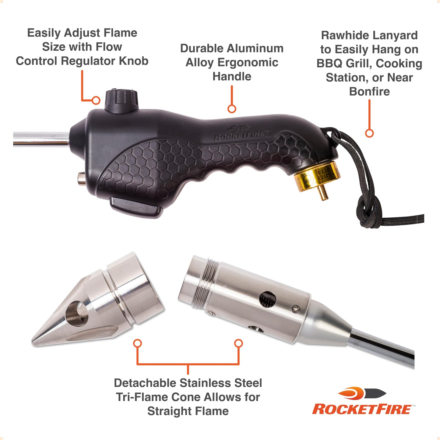 ROCKETFIRE Fire Starter Torch | Perfect Propane Torch Head, Grill Gun, Charcoal Torch | Compatible with Bernzomatic Propane & MAP/PRO Fuels | Stainless Steel Tri-Flame Tip | Fuel NOT Included | Black