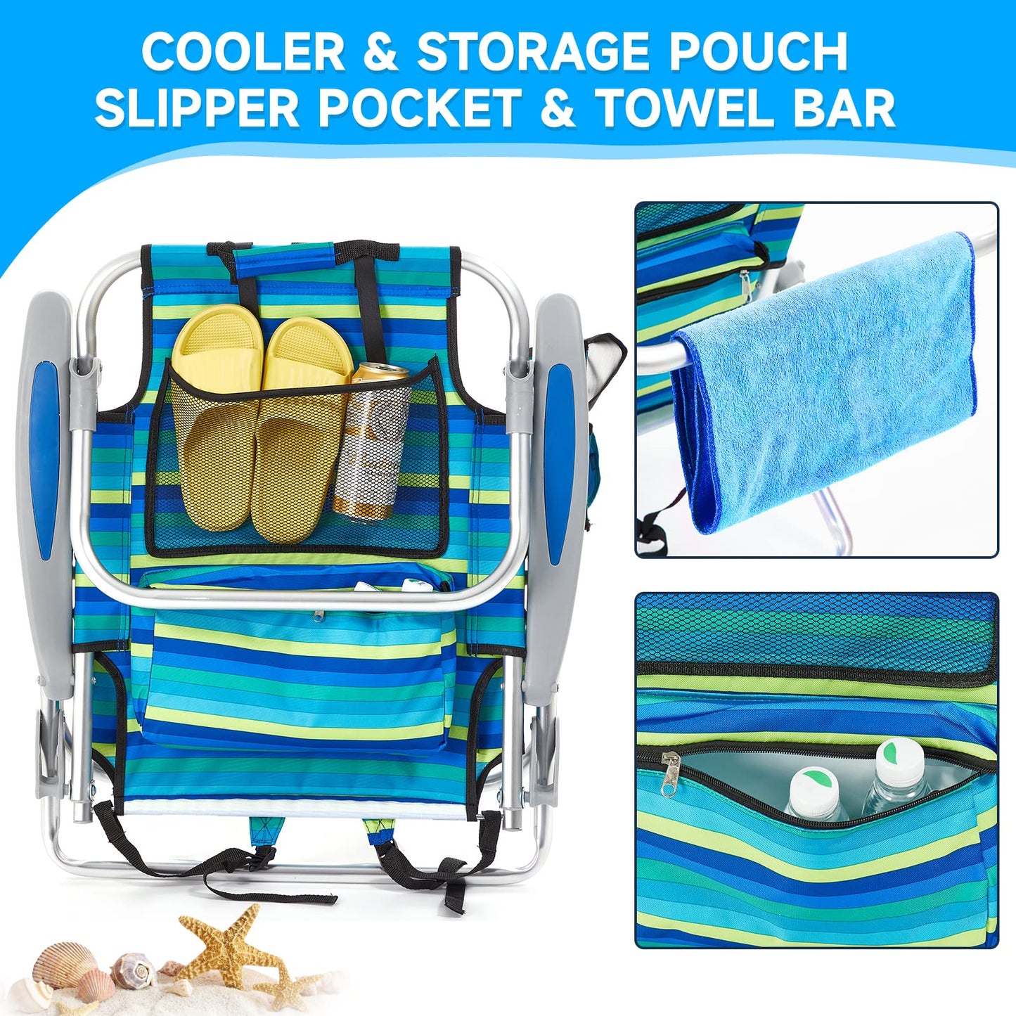 Canpsky 2 Pack Lightweight Portable Camping Beach Chair for Adults, Outdoor Lay Flat Folding Beach Chairs with 5 Positions, Backpack Beach Chair with Towel Bar, Zipper Pouch, Cup Holder, Ocean Striped
