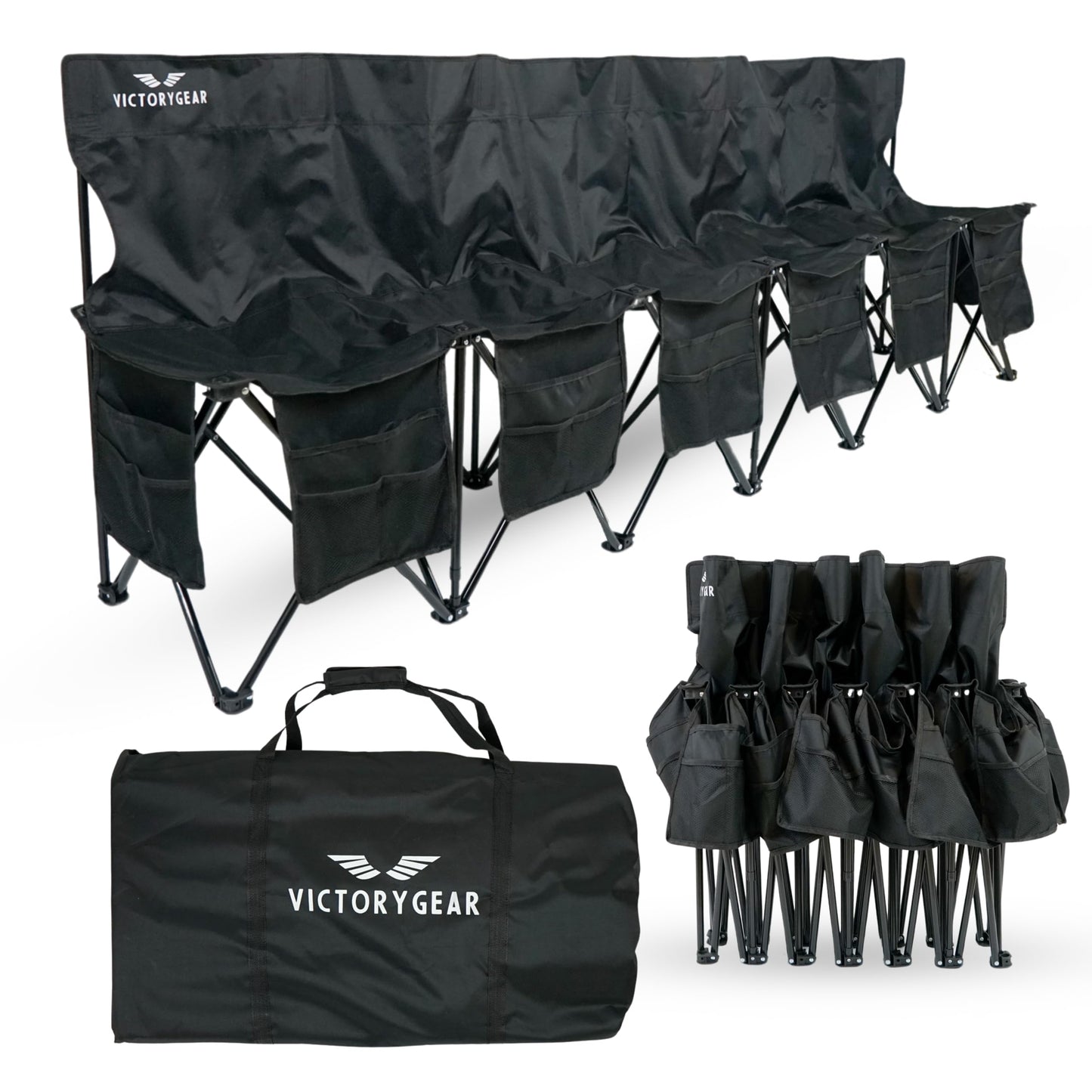 VictoryGear Portable Soccer Bench – 6 Seat Folding Team Chair with 8 Pockets & Carrying Bag – Lightweight Sideline Seating for Soccer, Baseball, Camping, Outdoor Events