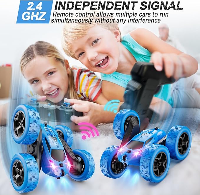 Remote Control Car RC Cars Toys for Kids Ages 6-12 4WD Stunt Car with LED Lights &amp 360° Flips 2.4GHz Upgraded USB-C Modular Batteries 8-10 Year Old Boys Birthday Gift 1-Blue