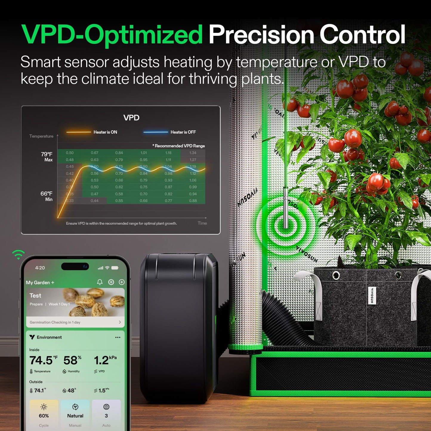 VIVOSUN AeroFlux Smart Grow Tent Heater with Thermostat, 700W PTC Heating, Compact & Portable with VPD, APP Control & Overheat Protection, Included Extension Hose for Grow Tents, Rooms, Greenhouses