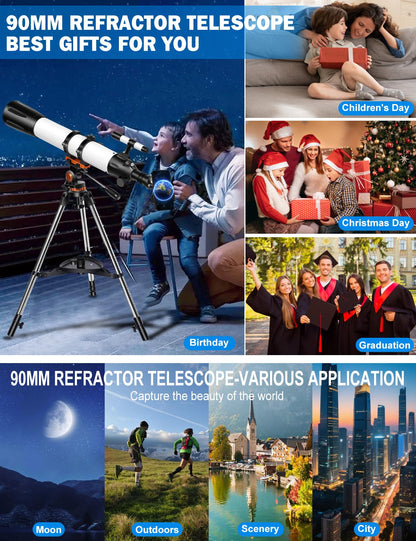 Uonol Telescope for Adults High Powered 90mm Aperture 800mm (32X-240X), Refractor Telescopes for Astronomy Beginners with AZ Mount Tripod, Phone Adapter, Carry Bag (80090white)