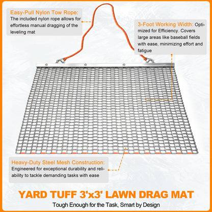 Umisu 3' x 3' Heavy Duty Drag Mat – Pre-Assembled Zinc & Steel Mesh Field Leveling Mat for ATV/UTV, Lawn, Gravel Driveway, Garden & Soil Aeration – Rust-Resistant Tow-Behind Ground Leveler