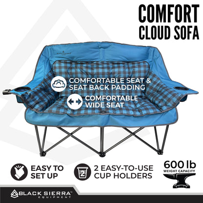Black Sierra Double Loveseat Comfort Camping Couch, Oversized Folding Chair for Adults, 600‑lb Capacity, Plush Padded Heavy Duty Outdoor Seat with Cup Holders & Carry Bag for Beach, RV