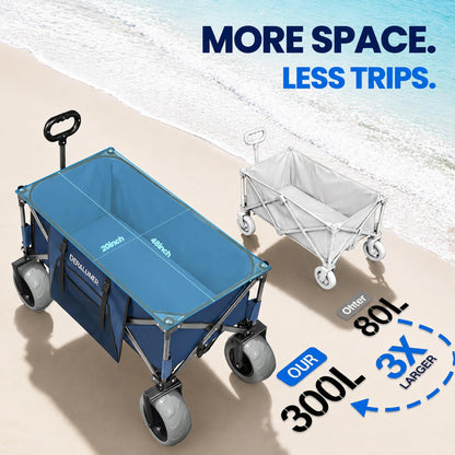 X800 Heavy Duty Beach Wagon with 9x4 Sand-Proof All-Terrain Wheels, 300L Oversized Foldable Wagon Cart with Side Bag, All-Terrain Utility Wagon for Beach Essentials, Sport, Camping（Navy Blue）