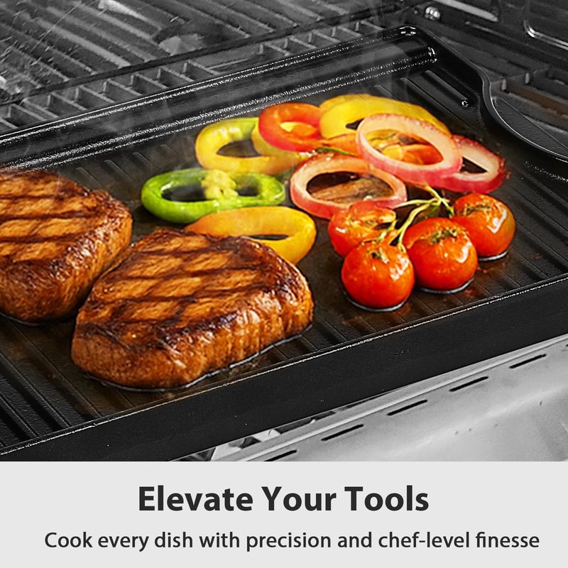 Utheer Nonstick Reversible Cast Iron Griddle 16.5" x 10.5", Ceramic Cooking Surface, Flat & Ribbed Sides, with High Sides & Grease Trap, Stovetop Griddle for Gas Grill, Charcoal, Oven & Outdoor BBQ