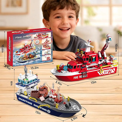 City Floating Boats Building Set Police Boat and Fire Rescue Boat Compatible with Lego Ship City STEM Building Toys Ideal Gift for Kids Boys Girls 6 7 8 9 10 11 12