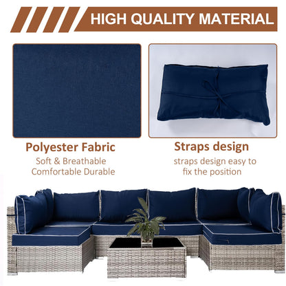 14 Piece Outdoor Patio Cushion Covers Replacement, Waterproof Outdoor Furniture Cushion Covers, Fit 7 Pcs 6 Seater Wicker Rattan Conversation Sofa Set, Navy Blue+White Piping(Only Cover) 25.6x25.6"
