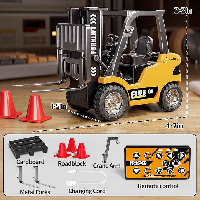 1/64 MINI RC Forklift ToyRemote Control Engineering Truck with Lights &amp Sounds2 in 1 Lift Fork &amp Hook Truck for Adults Boys Kids Age 6-8 8-12 Years Old.