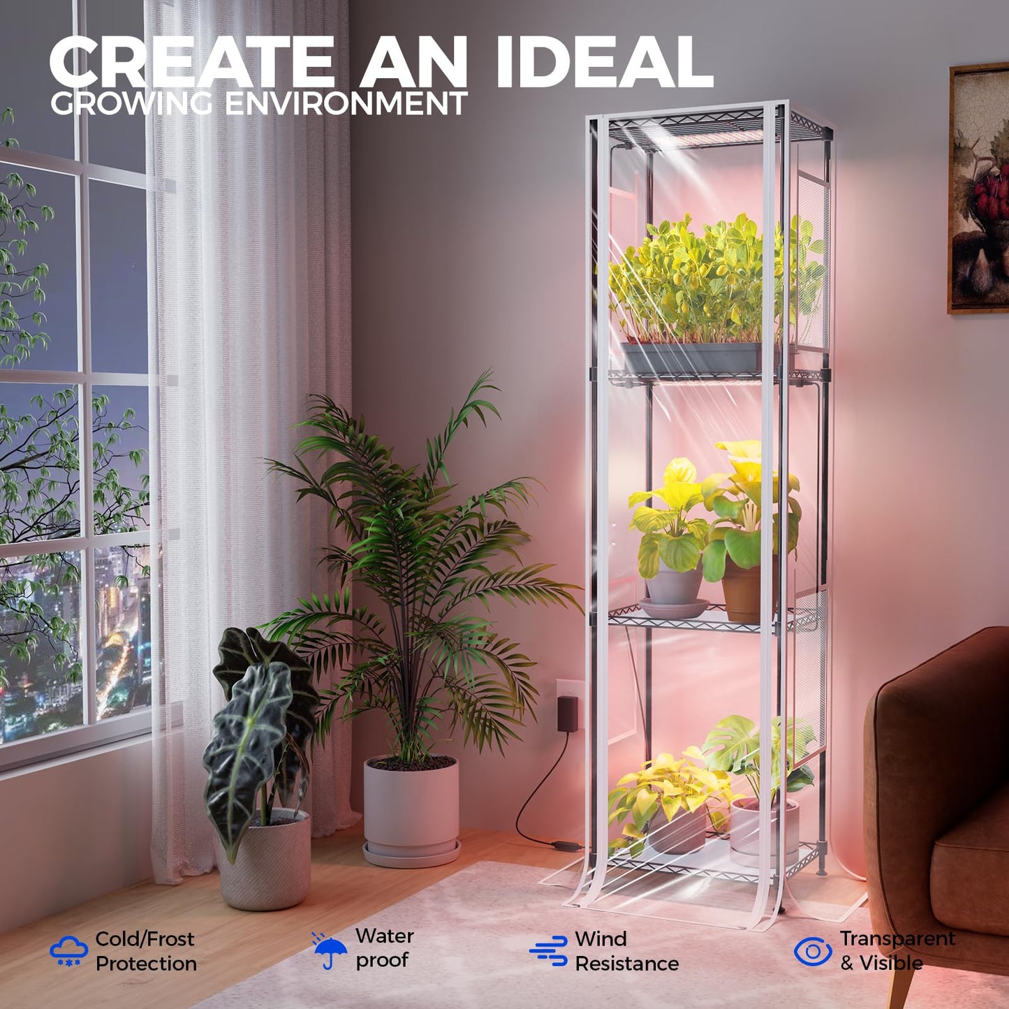 CX83Z Indoor Greenhouse with Grow Light, 4-Tier Corner Plant Stand, 30W Full Spectrum Growing Light Panels, Mini Greenhouse with Tent for Seed Starting, 3/6/12h Timer, 15.7 x 11.8 x 59.1IN