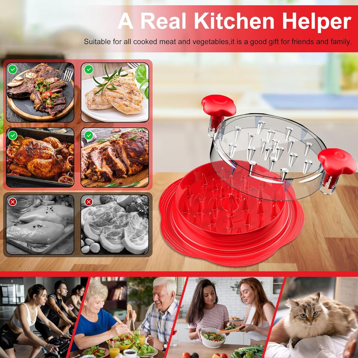 SURETIVIAN Chicken Shredder - Ergonomic Large Meat Shredder Tool with Brush & Fork | BPA-Free, Red