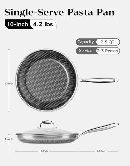 XBM Nonstick Frying Pan with Lid 10-Inch, Durable Stainless Steel Skillet, Induction Cooktop Compatible, PFOA-Free Scratch-Proof, Dishwasher & Oven Safe, Stay-Cool Handle, Silver Kitchen Cookware