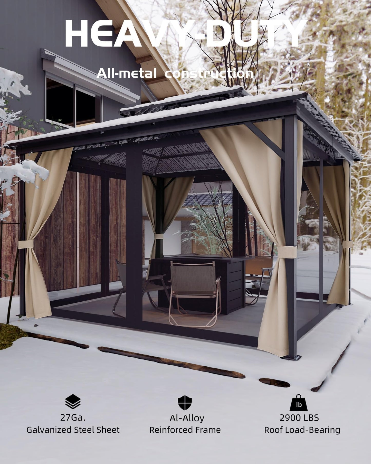 GarveeLife Hardtop Gazebo 10 ft x14 ft for All Weather, with Double Metal Roof, Aluminum Alloy Frame, Net, and Curtain, Permanent Building for Patio, Deck, Backyard, Lawn, and Garden