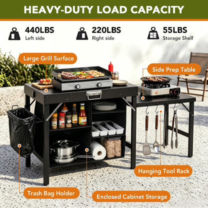 Grill Table Compatible with Blackstone Griddles, Portable Foldable Griddle Stand with Storage Shelf, Heavy Duty Camping Kitchen Table for Outdoor Cooking, BBQ, Camping and Patio, Black