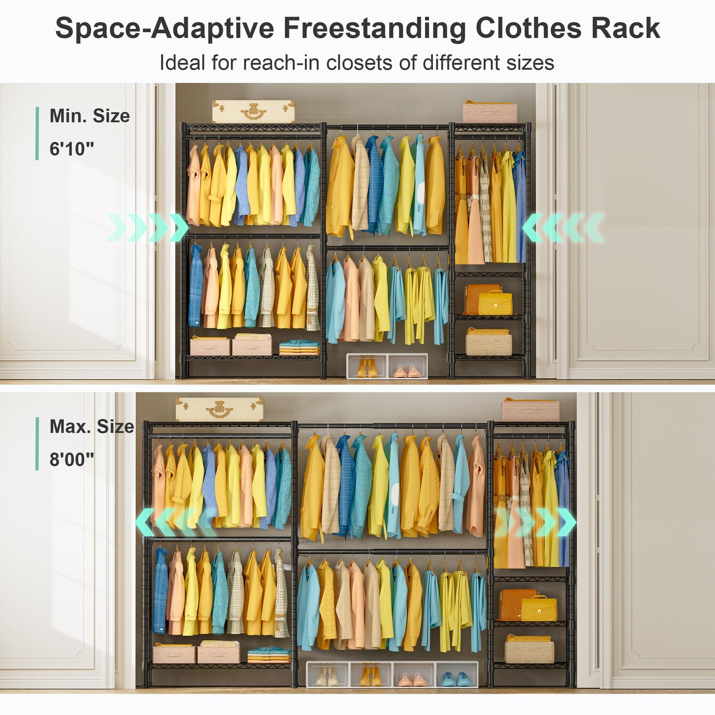 SEMHOR E01 Expandable Heavy Duty Clothes Rack, Free Standing Closet System Organizer, Adjustable Portable Carbon Steel Garment & Clothing Racks for Hanging Clothes (72.5-96"), 800LBS Max Load, Black