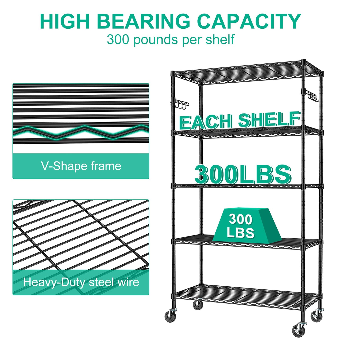 Folews 5 Tier Storage Shelves with Wheels - Adjustable Wire Shelving Unit Metal Shelves for Storage Rolling Utility Shelf Organizer Rack for Kitchen Garage Pantry Closet Laundry(14D x 36W x 75H)