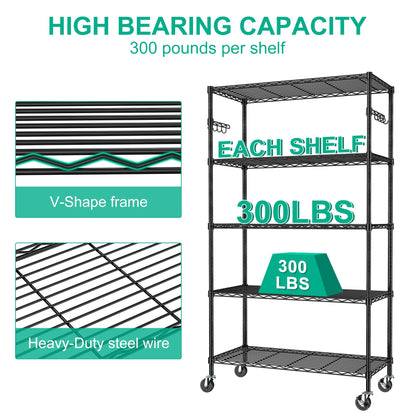 Folews 5 Tier Storage Shelves with Wheels - Adjustable Wire Shelving Unit Metal Shelves for Storage Rolling Utility Shelf Organizer Rack for Kitchen Garage Pantry Closet Laundry(14D x 36W x 75H)
