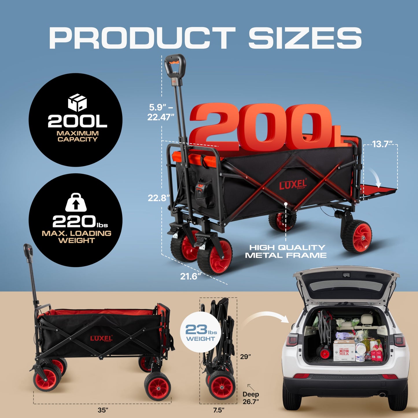 Electric Foldable Collapsible Wagon Cart 220lbs Capacity - Heavy Duty Wagons 200L with All Terrain Wheels & Tailgate - Beach Canvas Utility Carts - Portable for Outdoor Camping Shopping Sports Hiking