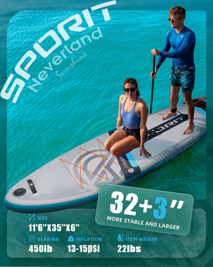 SPORIT 11'6" x 35" Extra Wide Inflatable Paddle Board for Adults, 450 lb Capacity Wide Stable Stand Up Paddle Board, 2–3 Person SUP, Heavy Duty 22 PSI, US Fin, Kayak D Rings, Large Stable Paddleboard