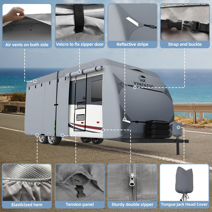 VINPATIO RV Cover, 7 Layers Heavy Duty RV & Trailer Cover, Toy Hauler Cover Fits 35'-38' RV Travel Trailer Camper Cover with Tongue Jack Cover, Extra Windproof Straps, Gutter Covers