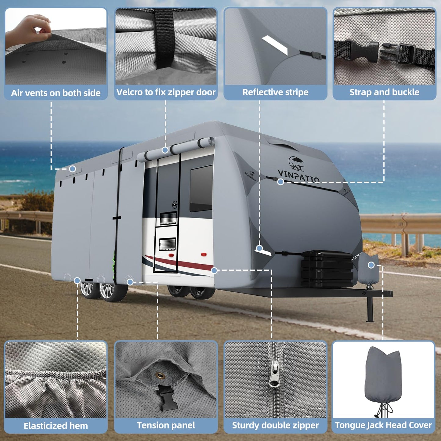 VINPATIO RV Cover, 7 Layers Heavy Duty Travel Trailer Cover, Toy Hauler Cover Fits 27'-30' RV, Camper Cover with Extra Windproof Straps, Gutter Covers, Tongue Jack Cover