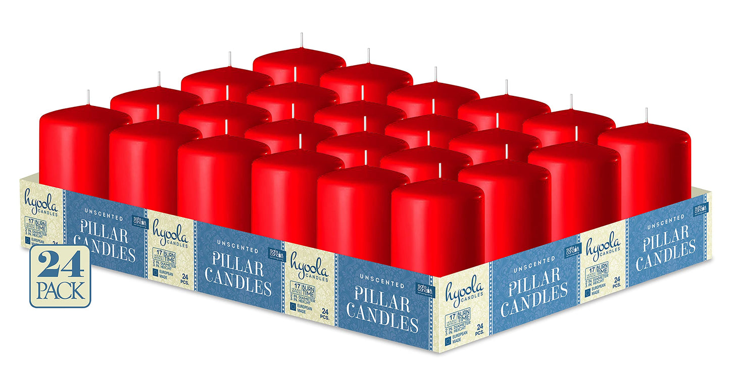 HYOOLA Red Pillar Candles 2x3 Inch - 24 Pack Unscented Bulk Pillar Candles - European Made