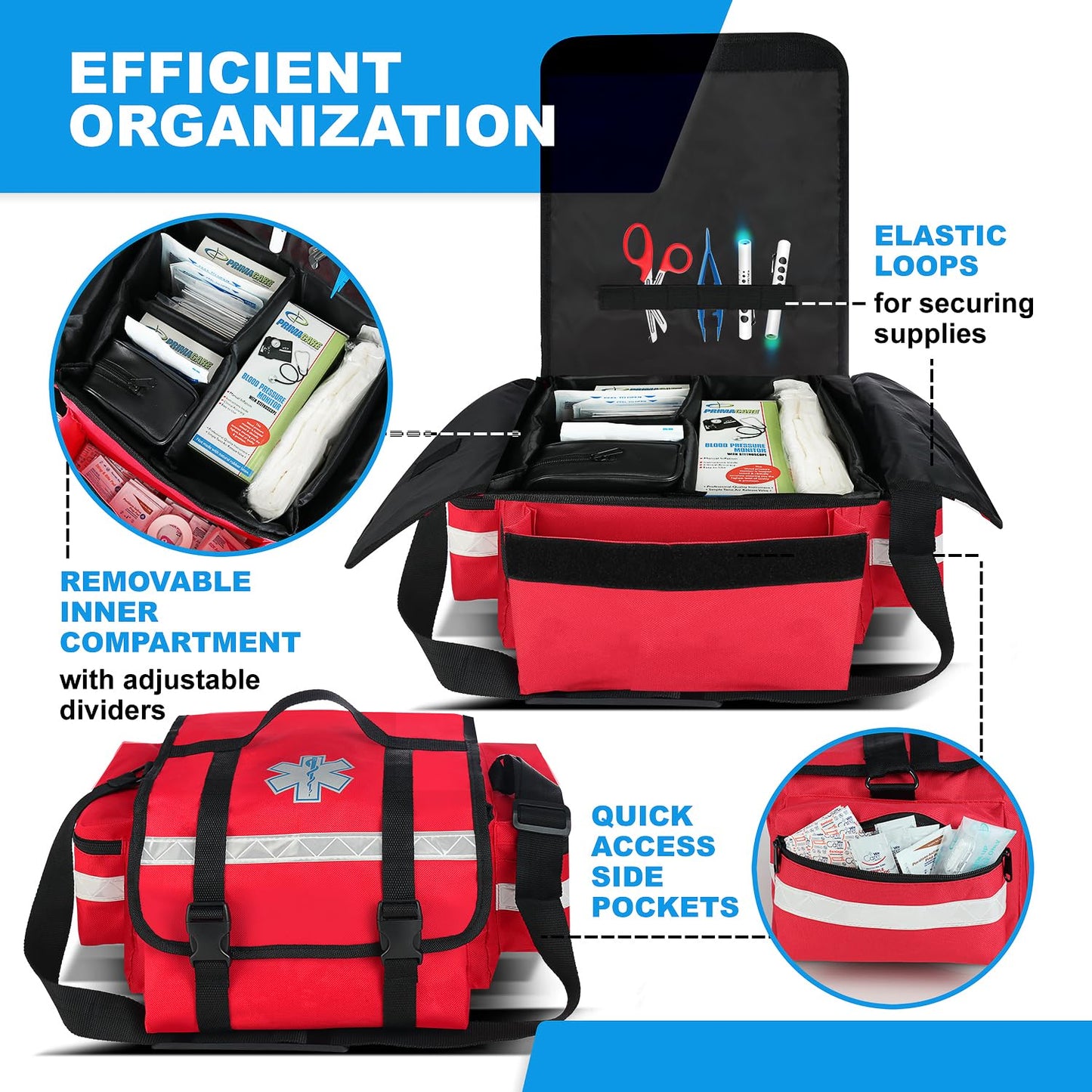 Primacare Fully Stocked Reflective Trauma Bag - 17" x 9" x 7" First Aid Responder Emergency Medical Supplies Kit, Professional EMT EMS Shoulder Bag with Zippered Side Pockets and Compartments (Red)
