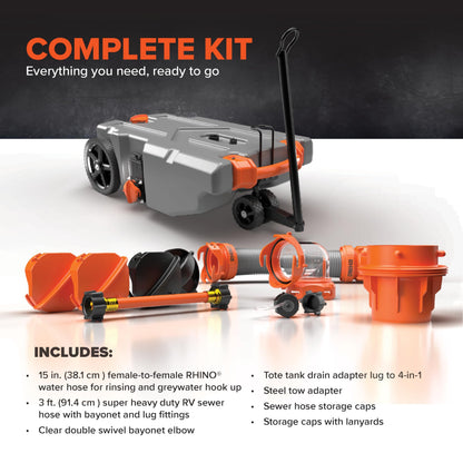Camco Rhino 28-Gallon Portable RV Tote Tank - Features 2 Steerable No-Flat Front Wheels & Built-in Gate Valve - Includes Removable 24" Tow Bar, 3’ Sewer Hose & More RV Accessories (39005)