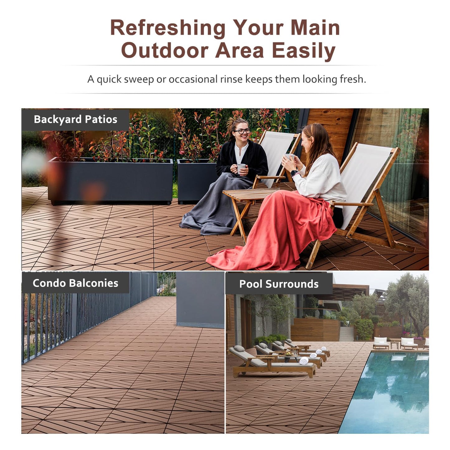 EchoDeck Interlocking Deck Tiles,44 Pack Deck Tiles Interlocking Outdoor All Weather,Patio Deck Tiles,12"x12",Diagonal,Sturdy Base,Highly Durable,Stylish,Non-Slip,Faster-Drying,Efficient,Brown
