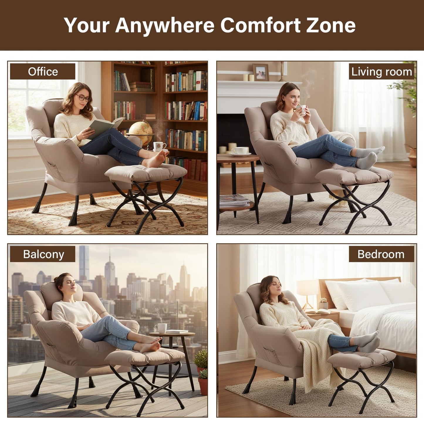 Welnow Lazy Chair with Ottoman, Modern Reading Accent Chair with Armrests and a Side Pocket, Leisure Upholstered Lazy Sofa Set with Footrest for Small Space, Khaki