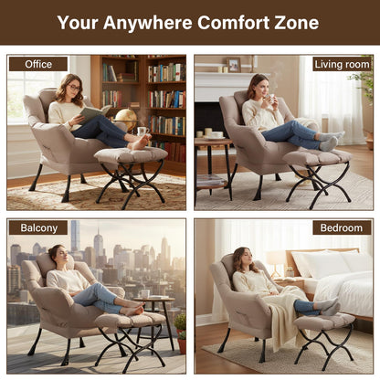 Welnow Lazy Chair with Ottoman, Modern Reading Accent Chair with Armrests and a Side Pocket, Leisure Upholstered Lazy Sofa Set with Footrest for Small Space, Khaki