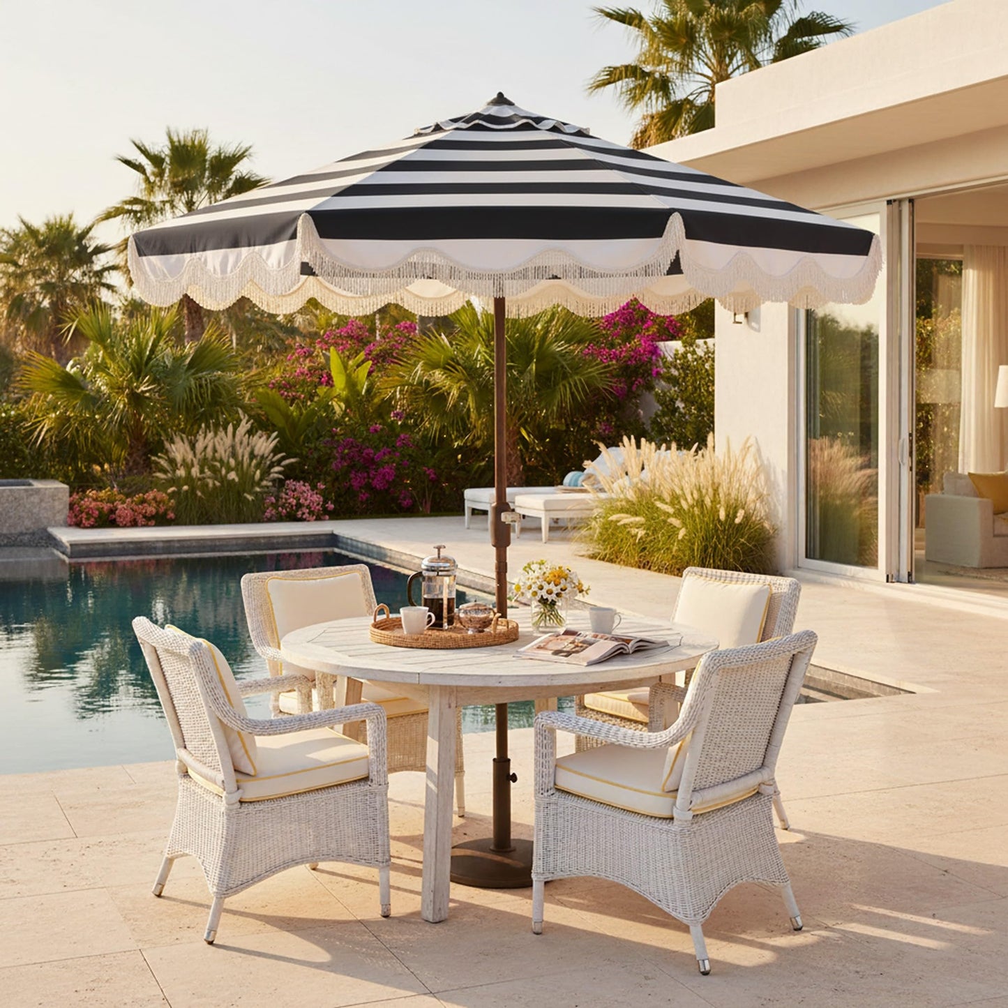 SAFAVIEH Outdoor Patio Furniture Collection – Lucerna 9 Ft Crank Patio Umbrella, Black Stripe & Brown Pole, Market Umbrella with Crank Lift (PAT8015A)