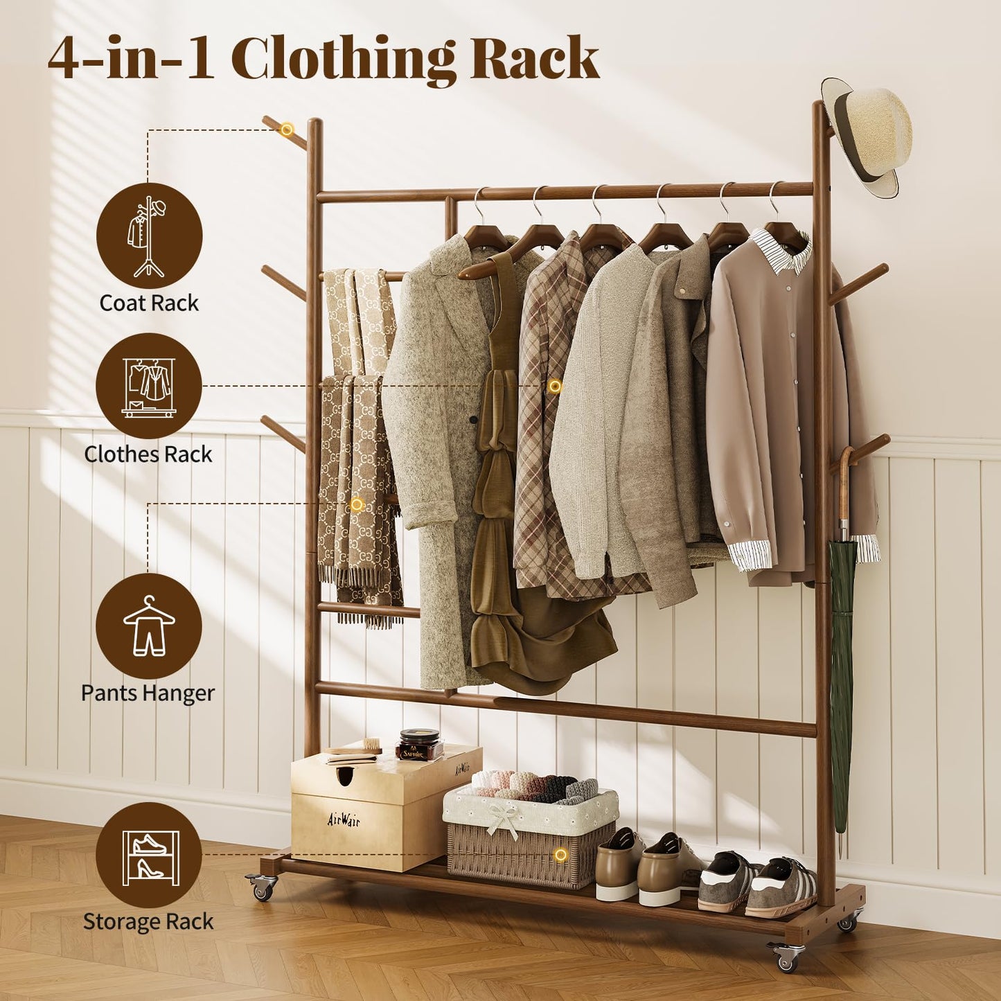 Yoobure Solid Wood Clothing Rack - Rolling Clothes Rack with Wheels, 4-in-1 Coat Rack with Pants Rack & Shelf, Freestanding Clothing Racks for Hanging Clothes, Garment Rack for Closet Bedroom Entryway