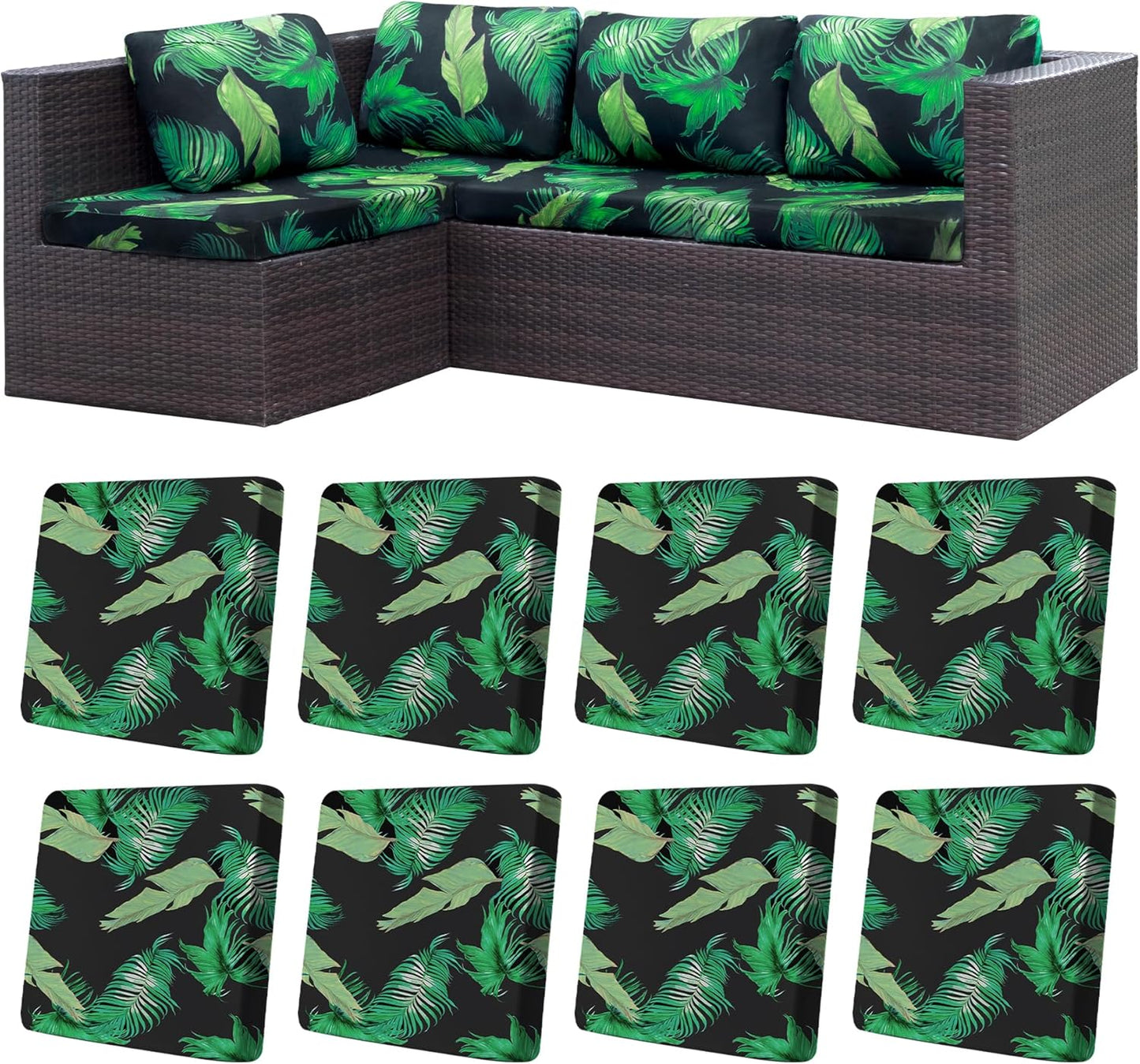 BIETYONE Outdoor Couch Cushion Covers - 8Pcs Washable & Reusable Protector | Green Leaf Design